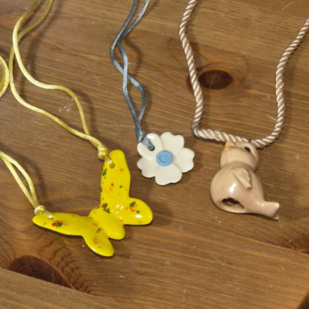 (3) Vintage 70s 80s Ceramic Necklace Chokers, Butterfly, Bird & Flower, Rare